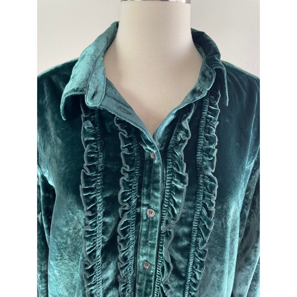 NEW Pilcro Anthropologie Womens Medium Dark Green Velvet Ruffle Button Up Shirt - Picture 2 of 10